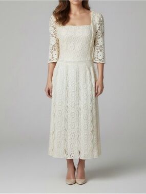 Just Me Cream Crochet Lace Overlay Square Neck Short Sleeve Midi Dress S